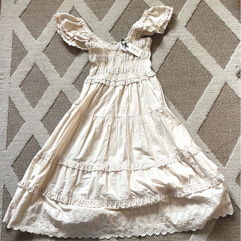 Sea New York Cream Eyelet Smocked Tiered Midi Dress NWT PF21-29121 Size M